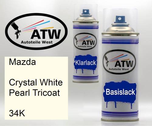 Mazda, Crystal White Pearl Tricoat, 34K: 400ml Sprühdose + 400ml Klarlack - Set, von ATW Autoteile West.